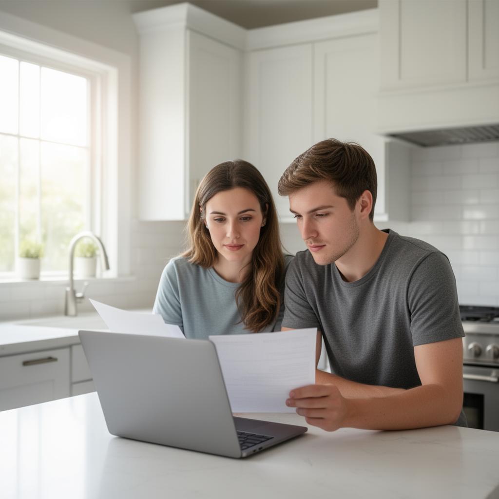 Young Ontario couple reviewing insurance paperwork at their kitchen counter